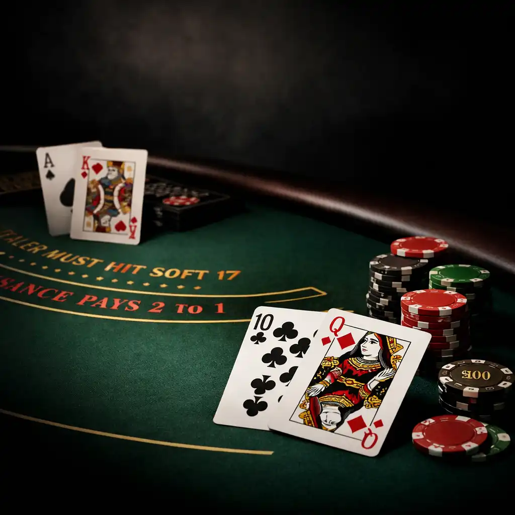 Stół do blackjacka z kartami i żetonami w eleganckim otoczeniu