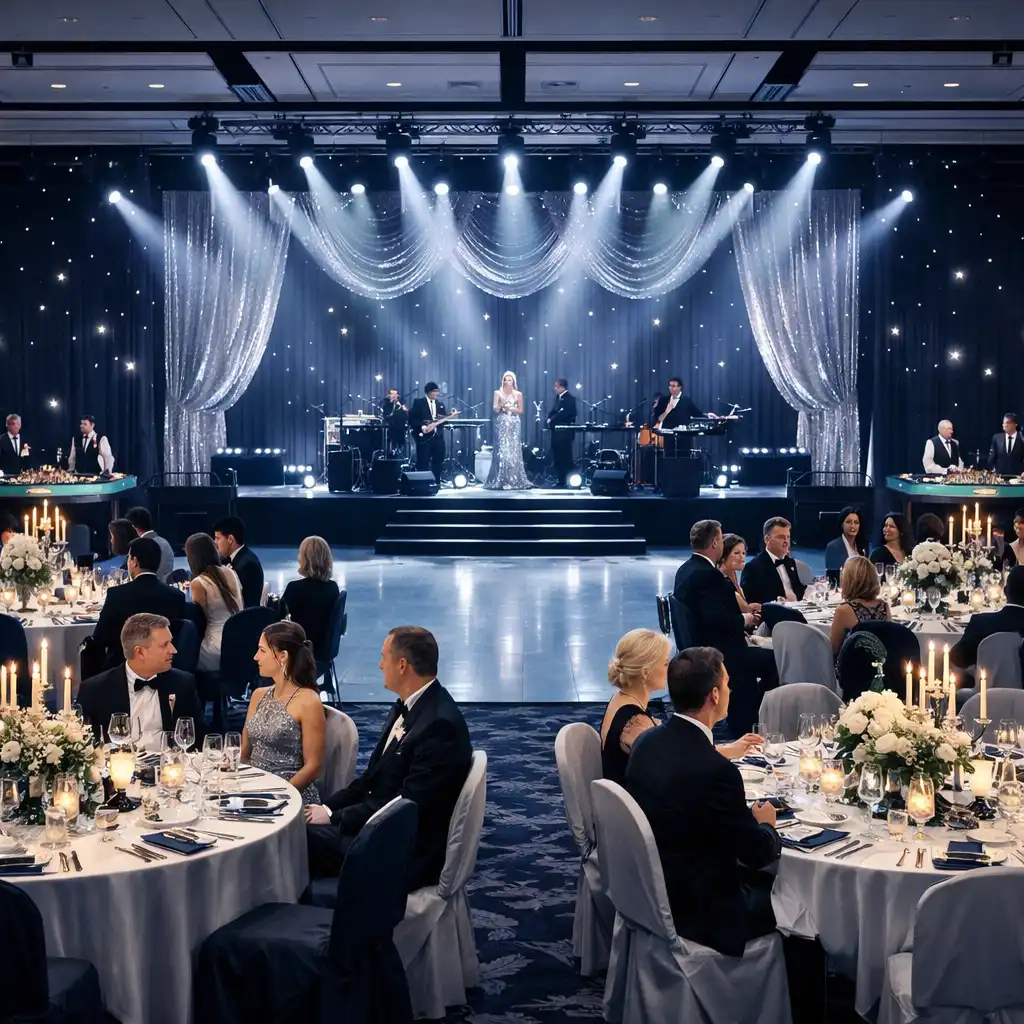 Duża sala balowa z eleganckimi stołami i widocznymi stołami do ruletki