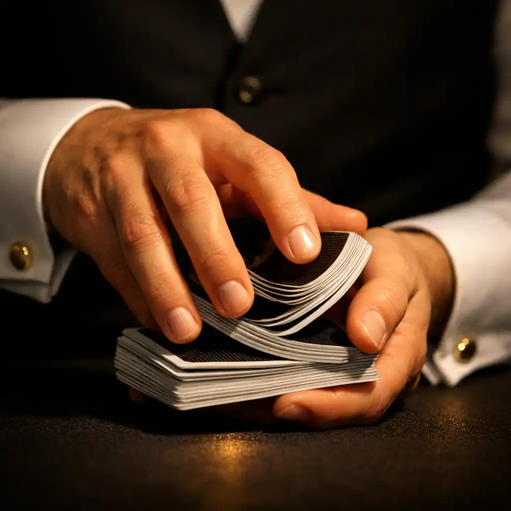 Dłoń krupiera tasującego karty do blackjacka