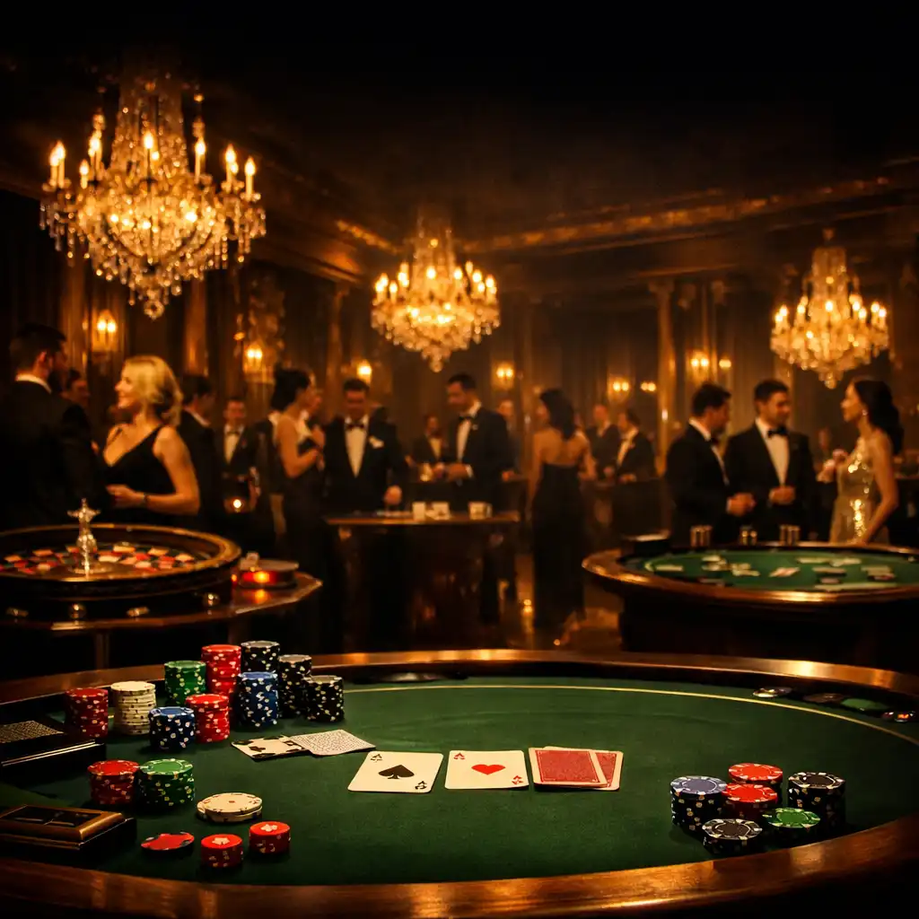 Elegancka sala bankietowa z widocznym stołem do pokera w tle