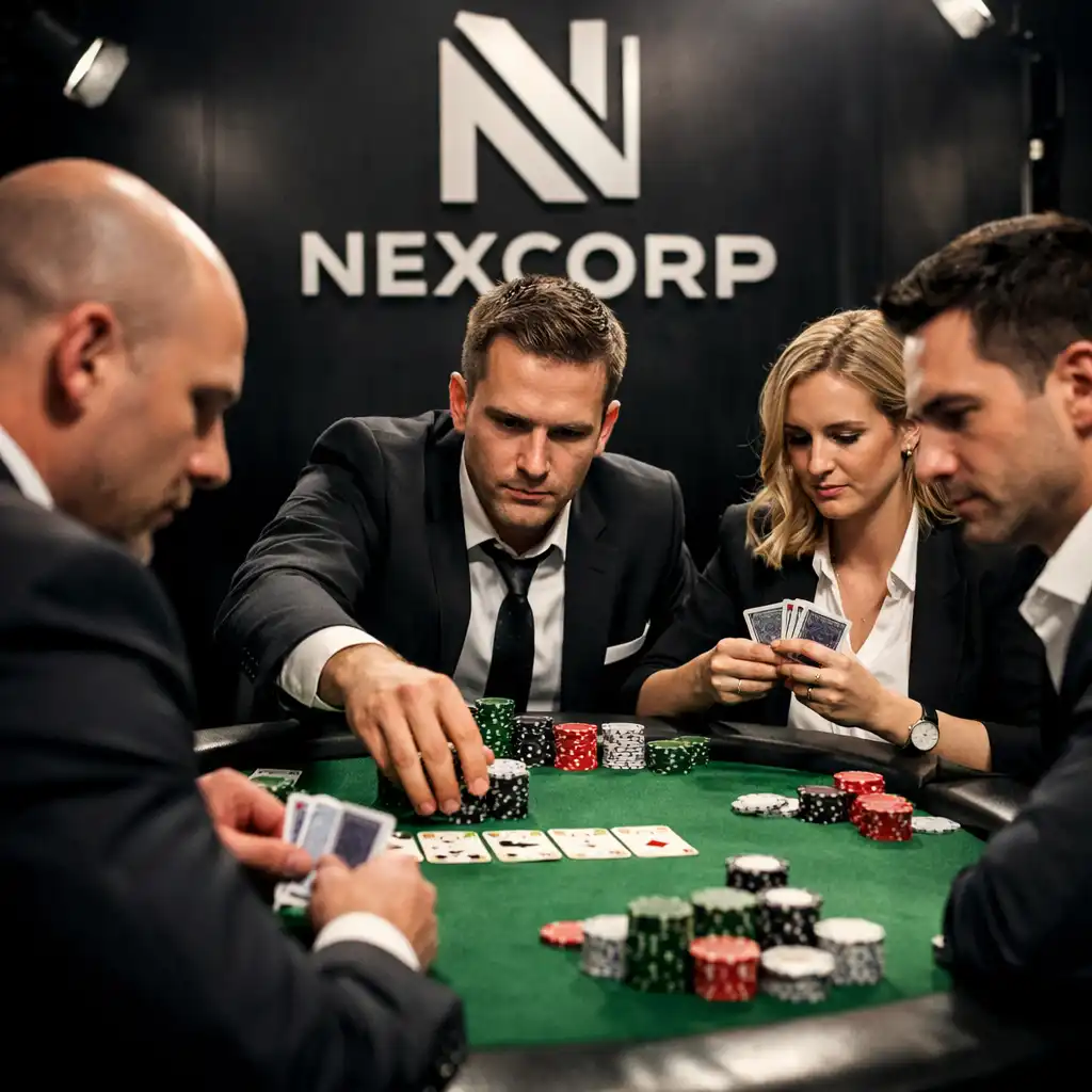 Turniej pokerowy podczas integracji firmowej z graczami w biznesowych strojach