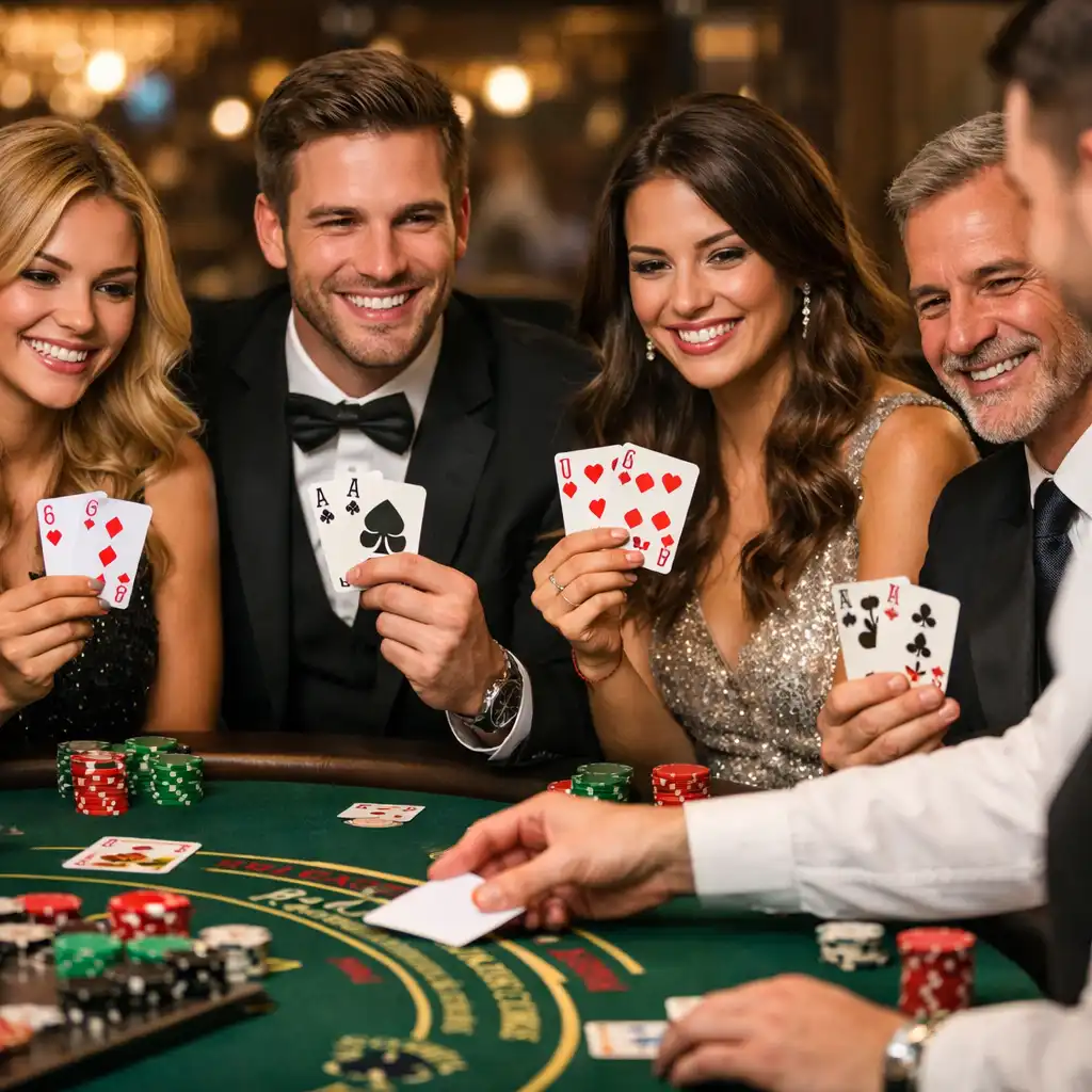 Goście przy stole do blackjacka, uśmiechnięci, trzymający karty, krupier rozdający