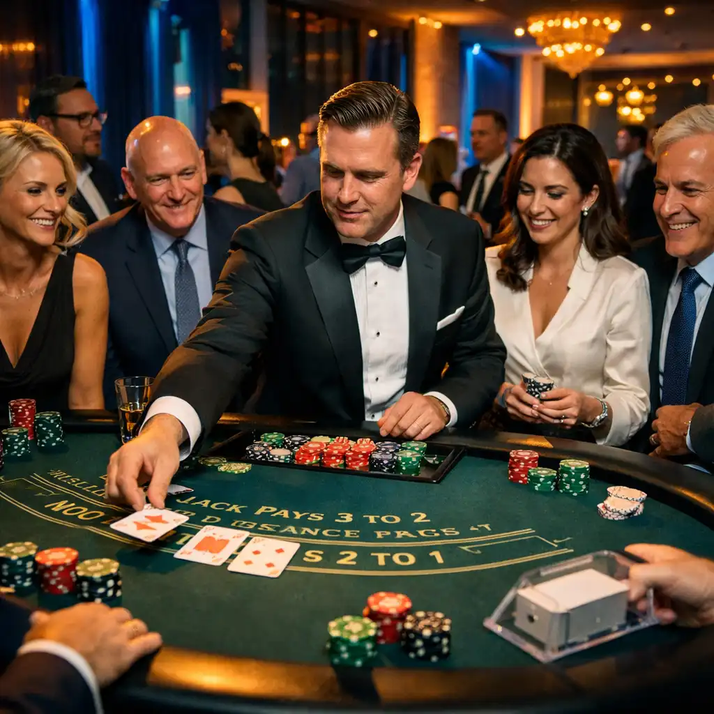 Profesjonalny krupier w smokingu rozdaje karty przy stole do blackjacka podczas gali korporacyjnej w nowoczesnej przestrzeni eventowej