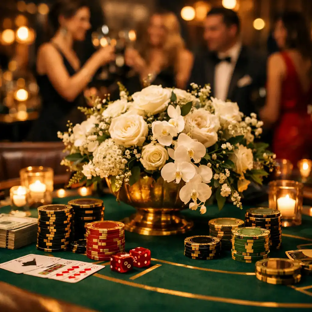 Dekorowany stół do pokera z zielonym suknem, złotymi żetonami i elegancką kompozycją kwiatową podczas prywatnego przyjęcia w stylu Monte Carlo