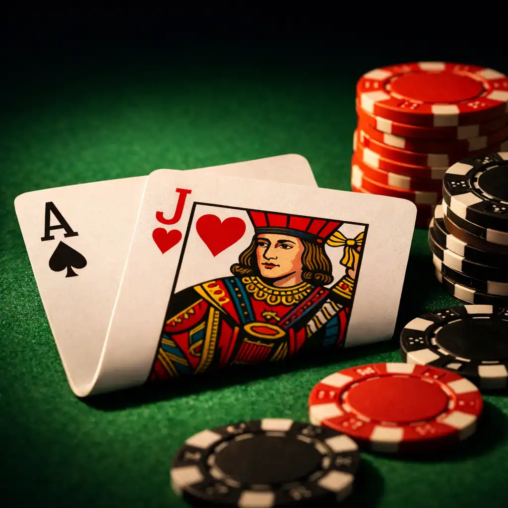 Zbliżenie na karty i żetony do blackjacka