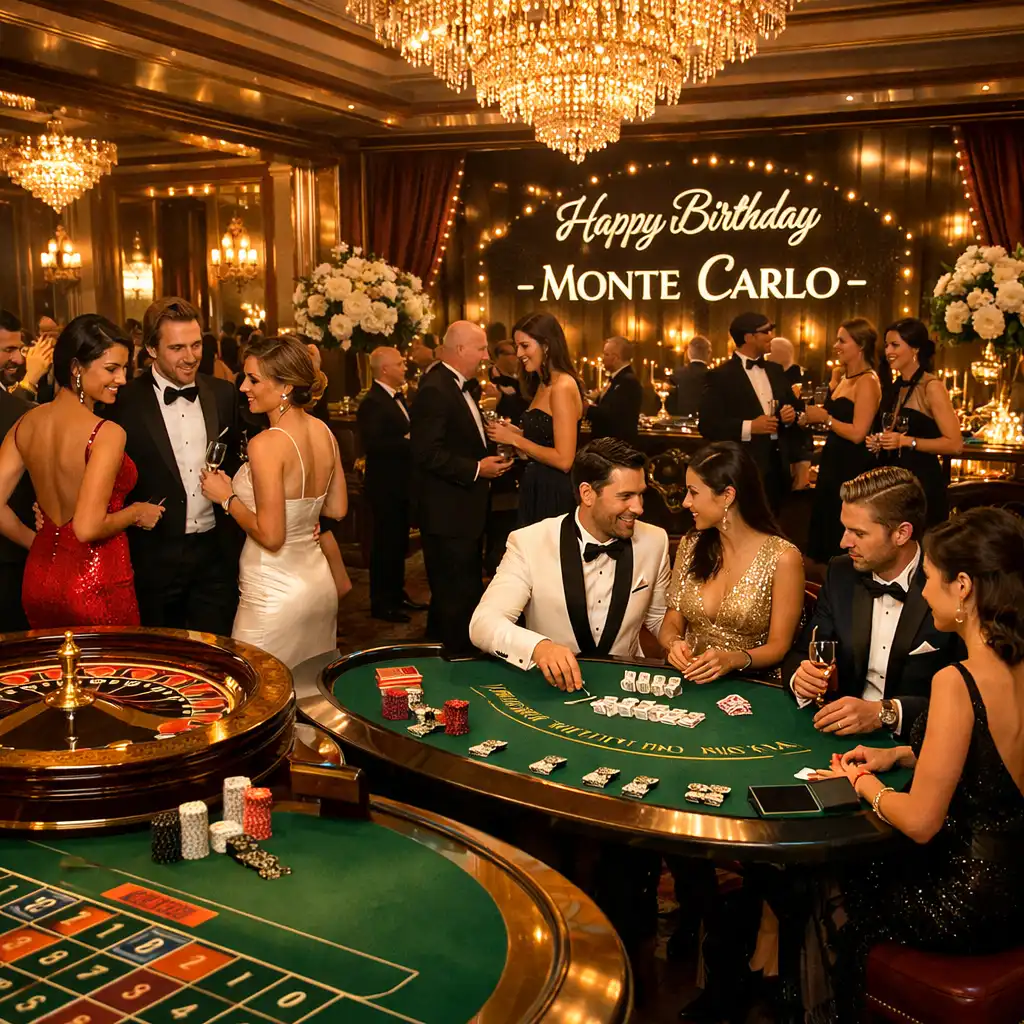 Eleganckie przyjęcie urodzinowe w stylu Monte Carlo ze stołami do ruletki i blackjacka